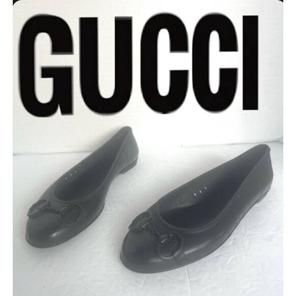 Gucci Authentic Embossed Black Rubber Horsebit Slip On Ballet Flats Size 8 - Picture 1 of 14